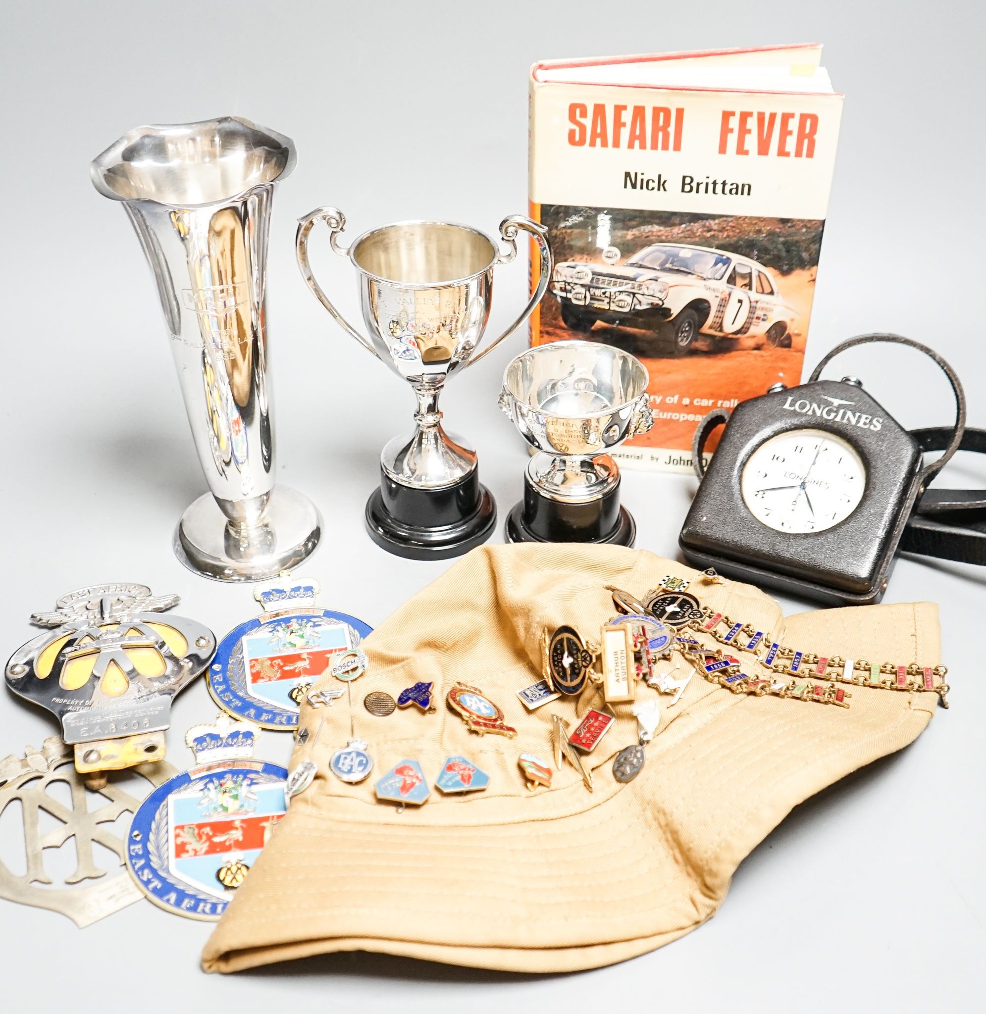 An East African Safari automobilia including Longines timer, 1950's and early 1960's